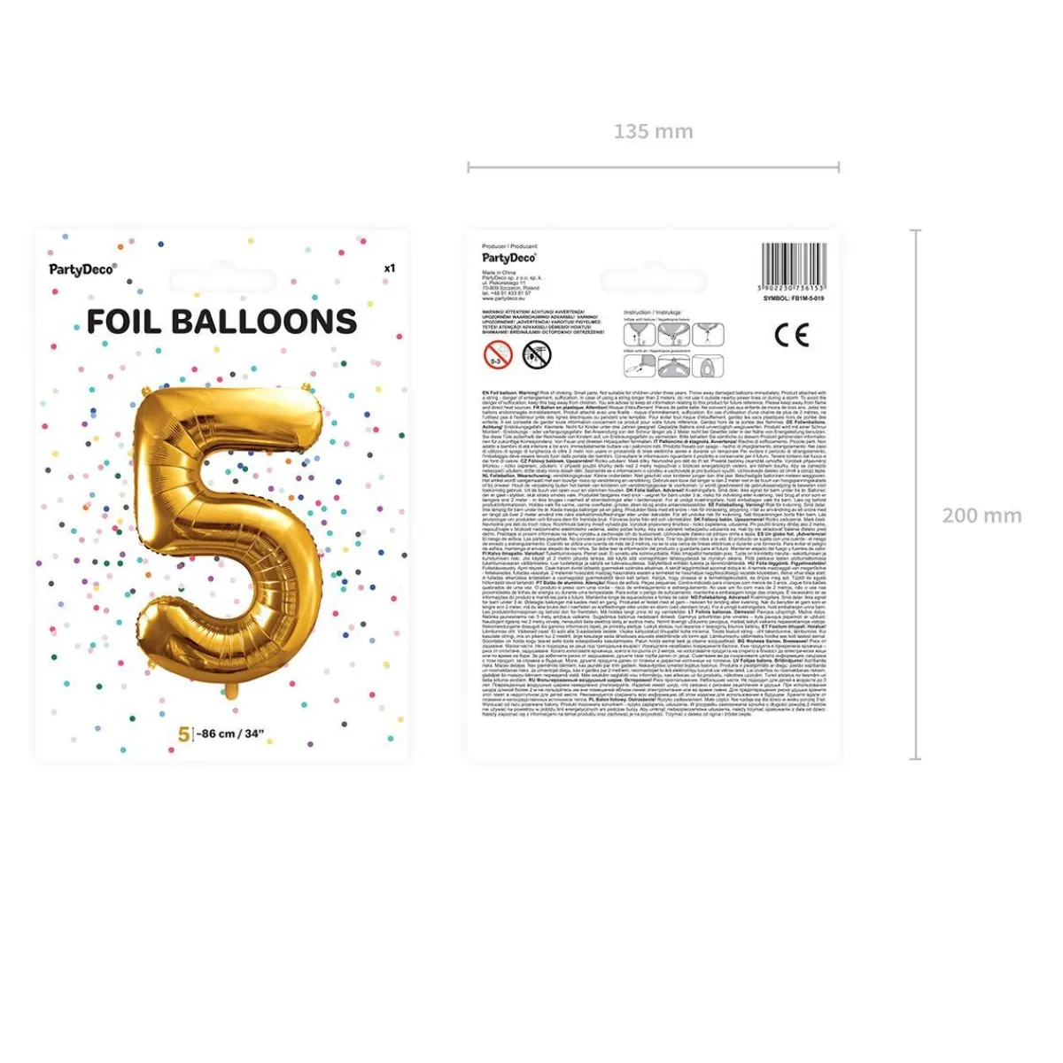 PARTYDECO Balon Metal Foliowy Cyfra "5" 86 Cm Zloty