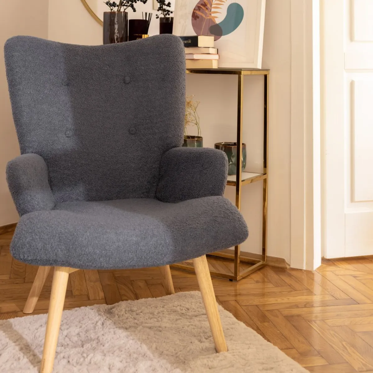 HOMLA Fotel Moss Teddy Boucle W Tkaninie Teddy Granatowy Outlet