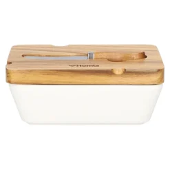 HOMLA Maselniczka Mooka Porcelanowa Z Nozykiem I Akacjowa Pokrywka Biala 11X16 Cm Bialy Sale