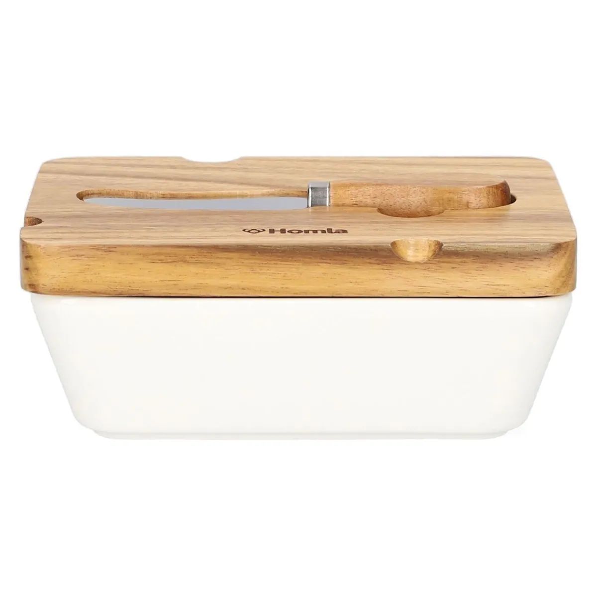 HOMLA Maselniczka Mooka Porcelanowa Z Nozykiem I Akacjowa Pokrywka Biala 11X16 Cm Bialy Sale