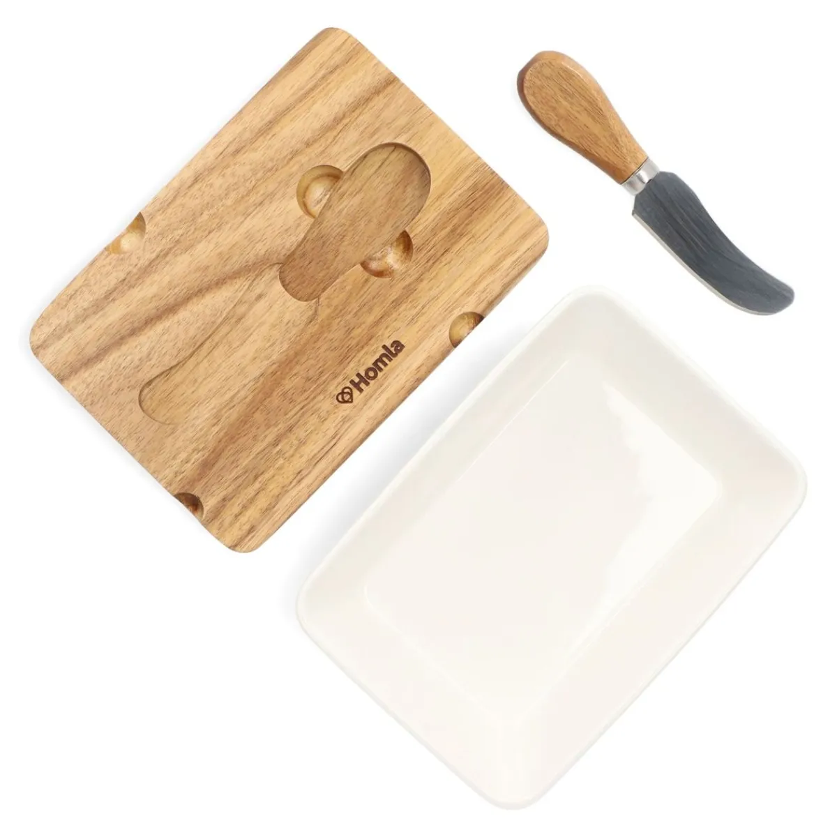 HOMLA Maselniczka Mooka Porcelanowa Z Nozykiem I Akacjowa Pokrywka Biala 11X16 Cm Bialy Sale
