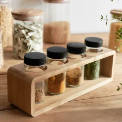 HOMLA Zestaw Przyprawnikow Bambou Bambusowych Na Stojaku 4 Sloiczki 26X7,5 Cm Naturalny Sale